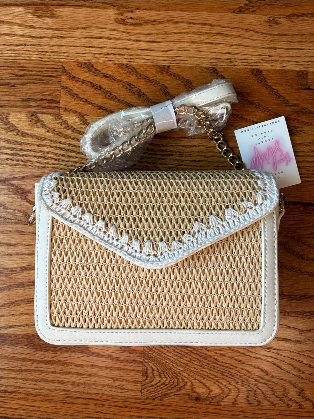 NEW Straw Woven Crossbody Bag with White Trim